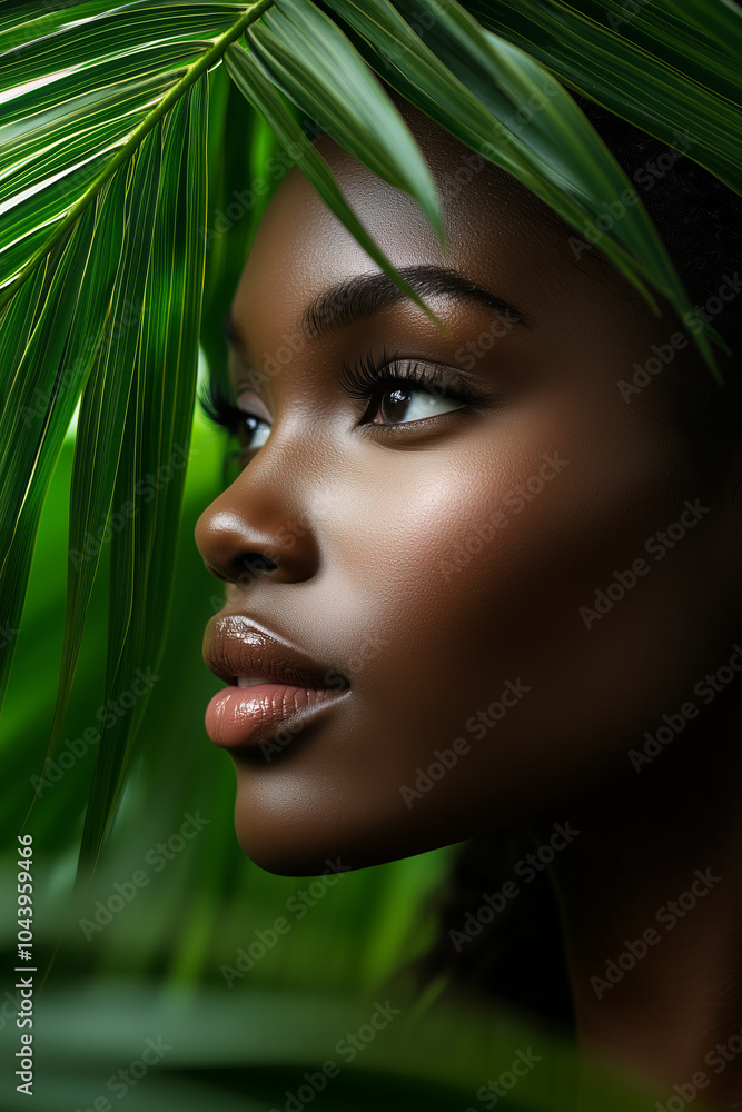Beautiful black African American woman posing in rainforest among tropical leaves background. Pure perfect soft skin natural care concept. Beautiful black African American woman posing in rainforest among tropical leaves background. Pure perfect soft skin natural care concept.