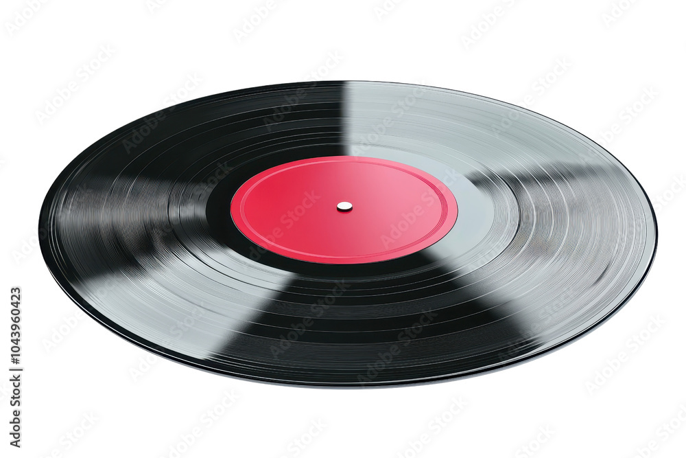 Spinning black vinyl record with a red label, isolated on a transparent background. showcasing retro music technology and nostalgic vibes. Spinning black vinyl record with a red label, isolated on a transparent background. showcasing retro music technology and nostalgic vibes.