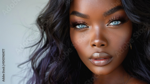 Portrait of a model with striking blue eyes and dark curly hair against a neutral background