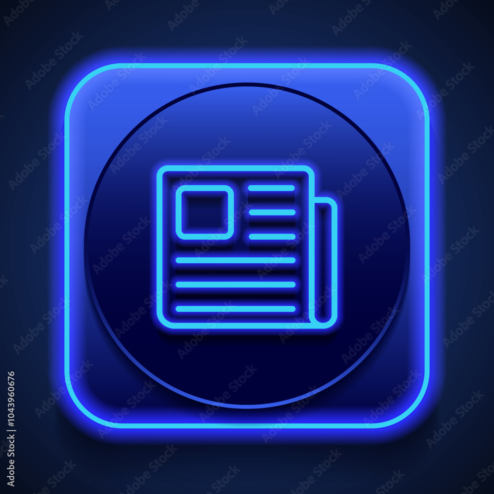 Newspaper simple icon vector. Flat design. Blue neon style on button. With shadow Newspaper simple icon vector. Flat design. Blue neon style on button. With shadow