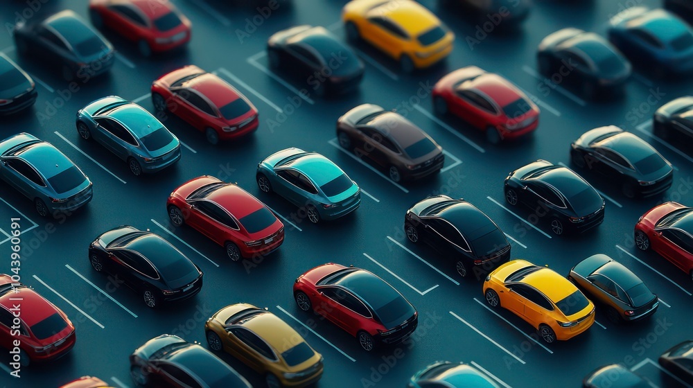 Atop view of a parking lot filled with a variety of cars, all facing the same direction, in a grid-like pattern. Atop view of a parking lot filled with a variety of cars, all facing the same direction, in a grid-like pattern.