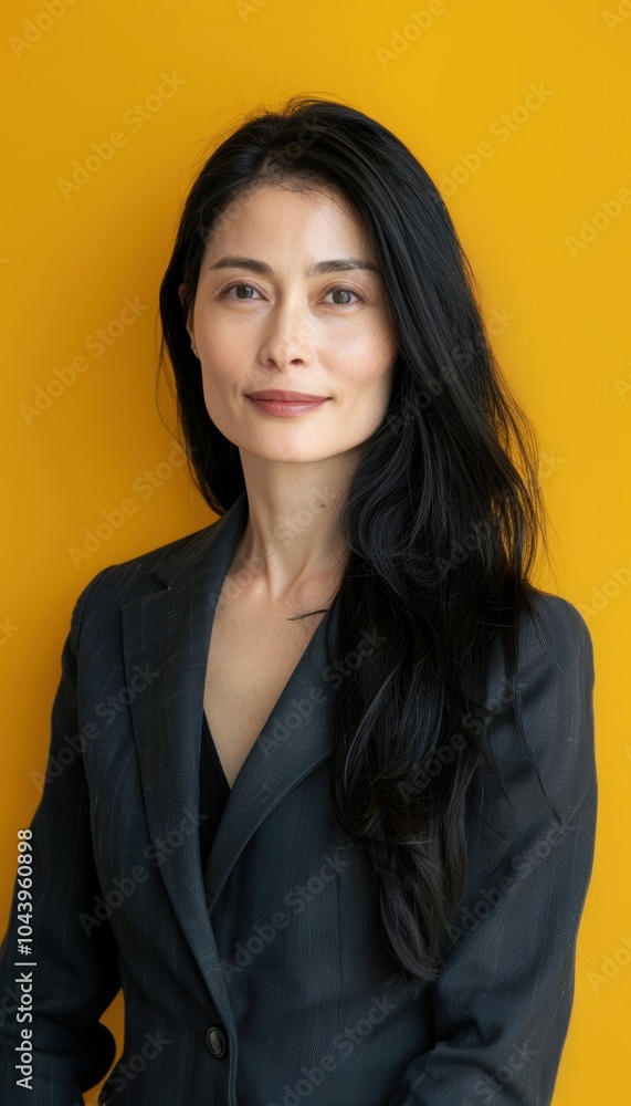 Confident Woman with Long Black Hair in Grey Blazer Against Vibrant Yellow Backdrop