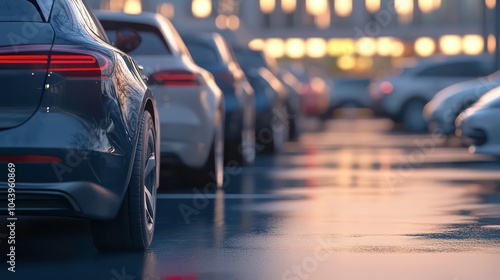 Row of cars parked in a parking lot at dusk.