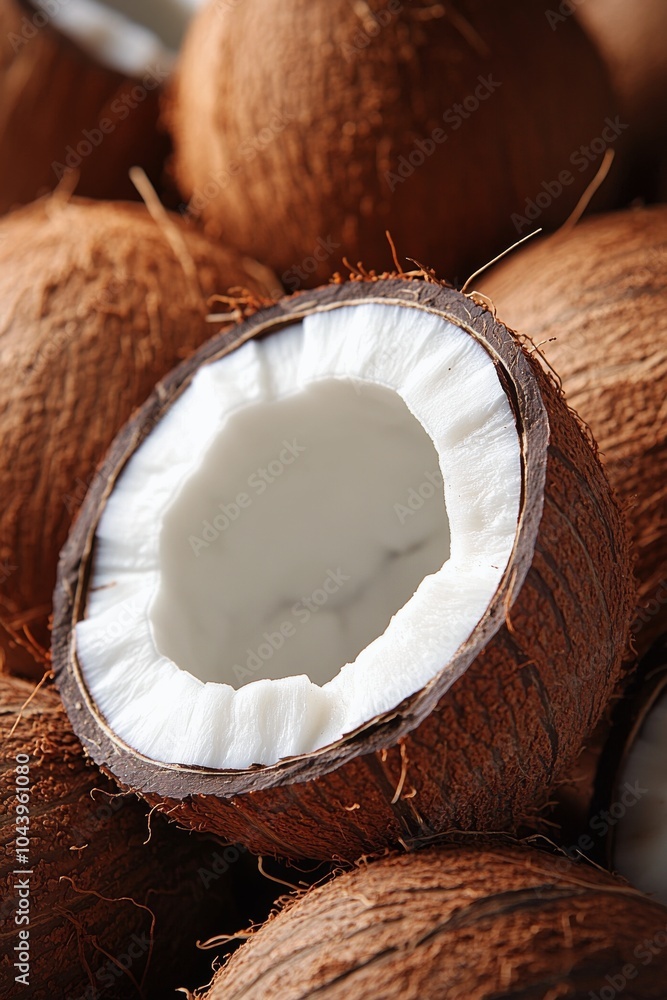 Brown coconuts with cracked shells revealing white flesh on a table in a tropical setting Brown coconuts with cracked shells revealing white flesh on a table in a tropical setting