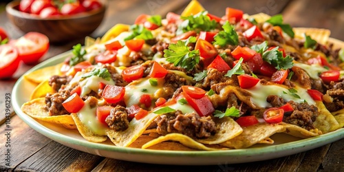 Close-up view of nachos topped with tomato beef and melted cheese