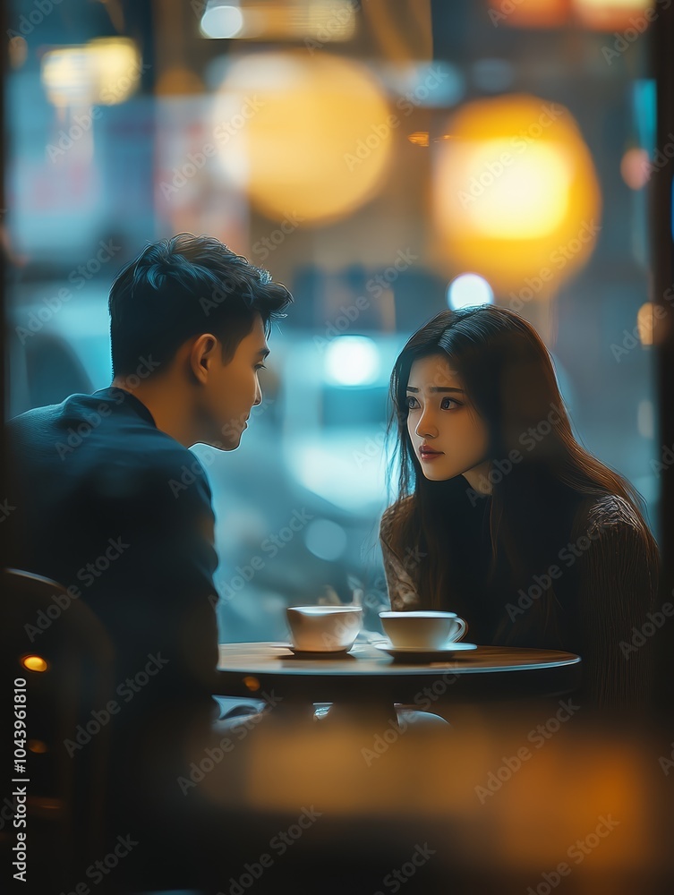 Couple sharing an intimate moment in a cozy caf�, illuminated by warm, ambient lights. Couple sharing an intimate moment in a cozy caf�, illuminated by warm, ambient lights.