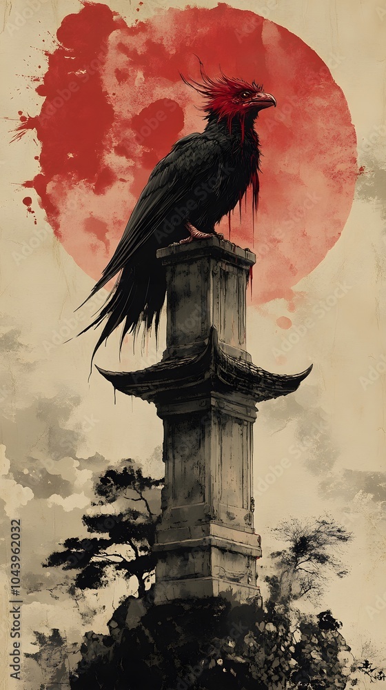 Fototapeta premium Majestic Bird on a Tall Pillar Under Red Sun