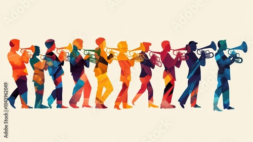 Contemporary music festival poster with abstract color block design of trumpet instruments and stylized characters playing jazz music. With light colors, the poster uses bold geometric.