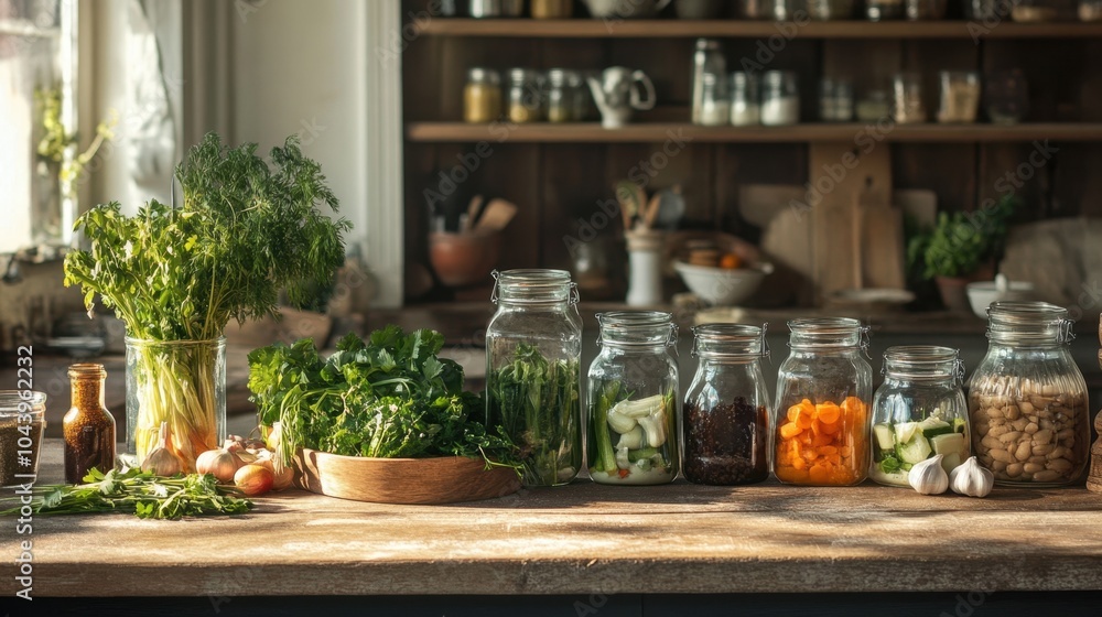 A rustic kitchen scene with glass jars of pickled vegetables, fresh herbs, and garlic cloves laid out on the counter. A rustic kitchen scene with glass jars of pickled vegetables, fresh herbs, and garlic cloves laid out on the counter.