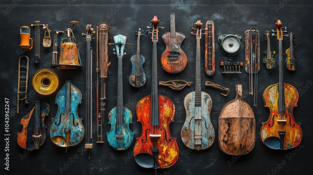 Naklejka premium knolling a set of various music instruments made of scrap metal and old wood, colorful paint splash on it. black background.