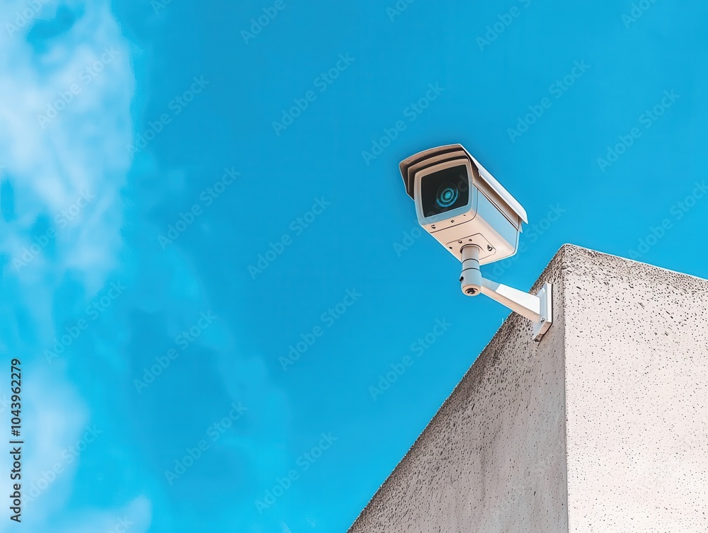 A CCTV camera mounted on a building corner, observing the surroundings against a clear blue sky. A CCTV camera mounted on a building corner, observing the surroundings against a clear blue sky.