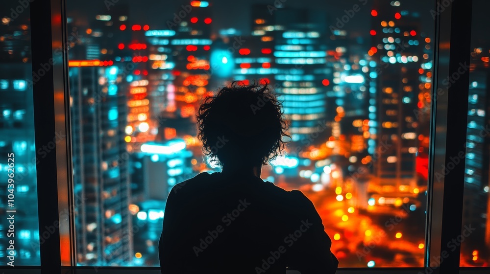 Silhouette of a young person gazing at a vibrant city skyline at night. Silhouette of a young person gazing at a vibrant city skyline at night.