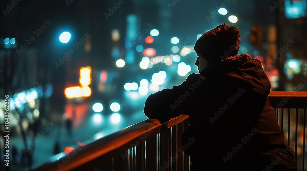Obraz premium Pensive young woman gazes at a bustling city street during a rainy night.