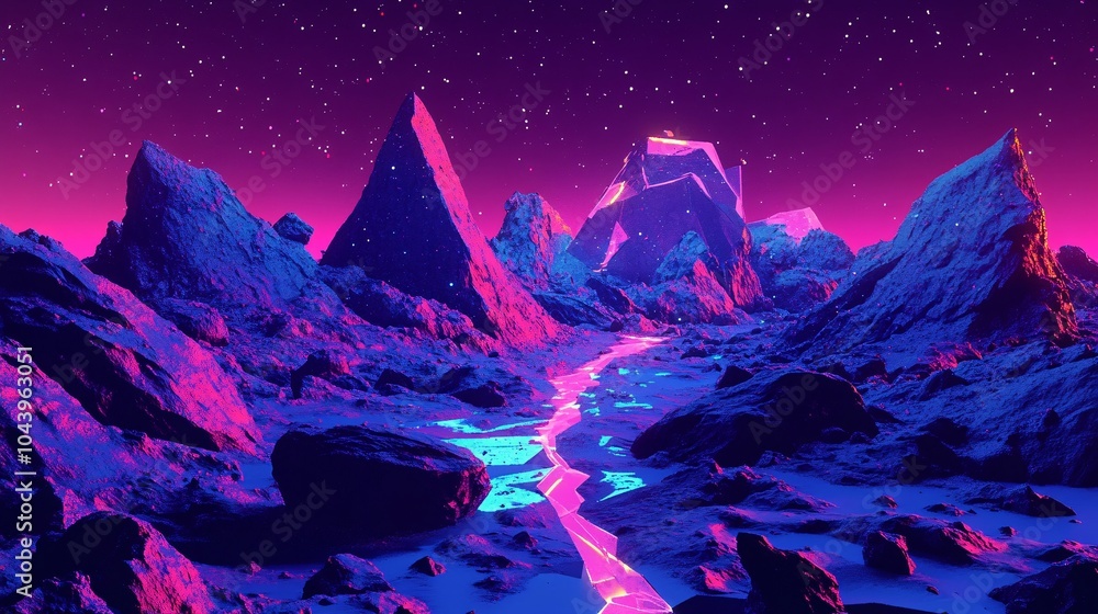 Fototapeta premium Neon Mountainscape with Starry Night