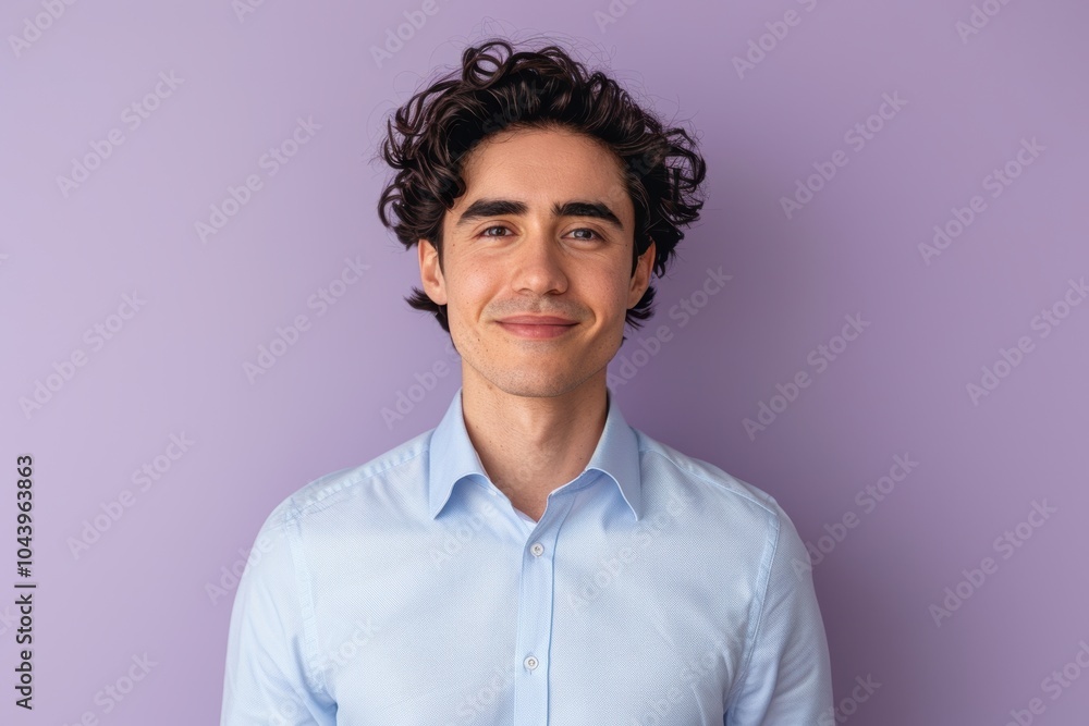 Fototapeta premium Confident Young Man in Light Blue Shirt on Lavender Background - Ideal for Portrait Design