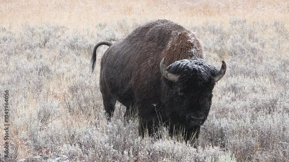 A solitary bison roams the vast, frosty grasslands of Yellowstone National Park, quietly grazing on the frost-covered tufts of grass. This tranquil scene unfolds during the clear, crisp morning hours A solitary bison roams the vast, frosty grasslands of Yellowstone National Park, quietly grazing on the frost-covered tufts of grass. This tranquil scene unfolds during the clear, crisp morning hours