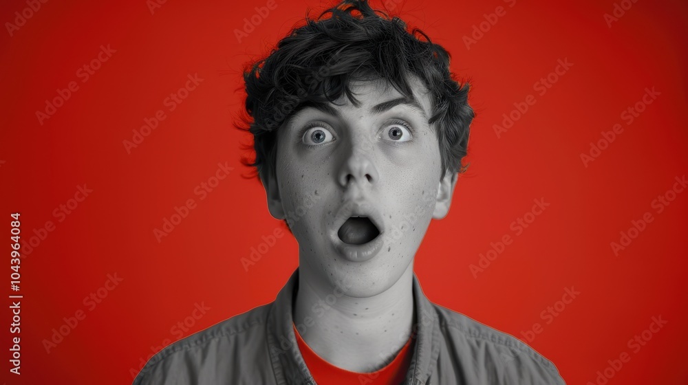 Astonished Young Man Against Bold Red Background - Surprised Expression Concept for Posters Astonished Young Man Against Bold Red Background - Surprised Expression Concept for Posters