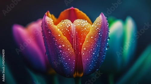 Colorful Tulip with Water Drops in Soft Light