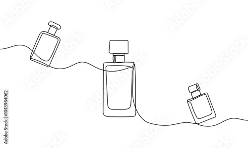 One continuous line drawing of perfume bottles. Banner. Linear silhouette. Vector minimalistic linear contour illustration