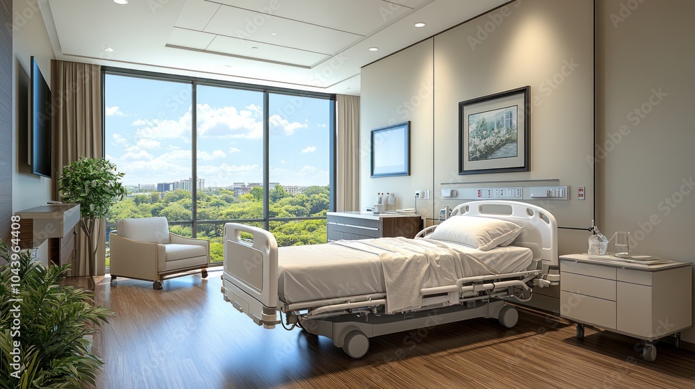 Modern hospital room with a view and natural light. Modern hospital room with a view and natural light.