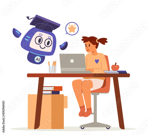 Artificial intelligence in school education concept flat vector illustration isolated on white. Girl interacting with Ai robot while studying.