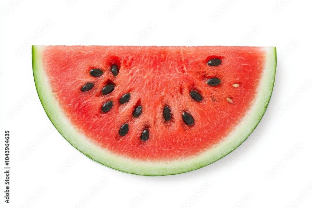 A single slice of watermelon, isolated on a white background, with vibrant red flesh and visible seeds A single slice of watermelon, isolated on a white background, with vibrant red flesh and visible seeds