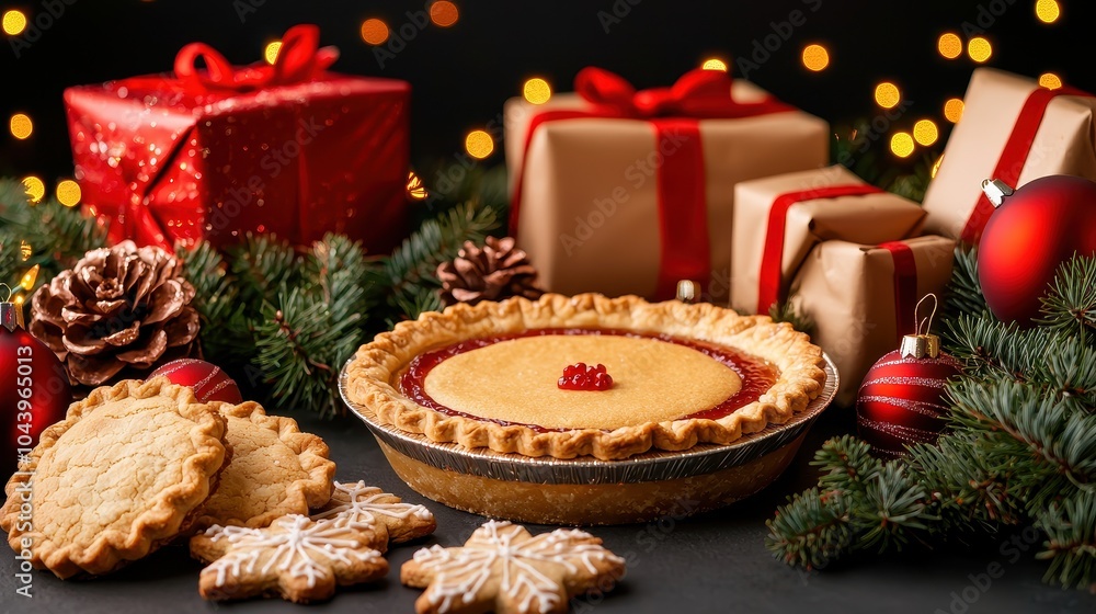 A festive scene featuring a pie surrounded by Christmas gifts, cookies, and holiday decor, embodying the warmth of the season. A festive scene featuring a pie surrounded by Christmas gifts, cookies, and holiday decor, embodying the warmth of the season.
