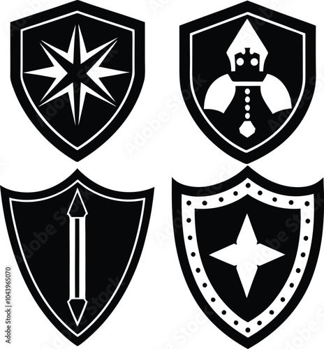 Here is a set of flat silhouette icons featuring protective shields in various shapes, ideal for knightly military insignia designs