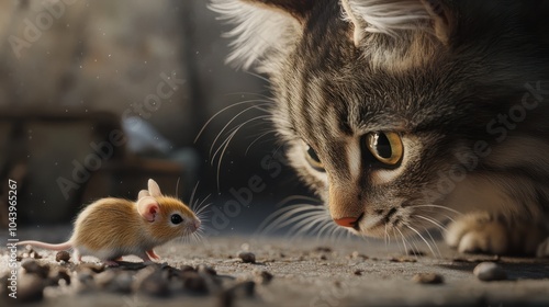 Cat playing with little gerbil mouse on thetable photo