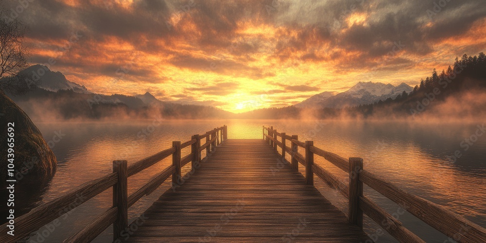 Obraz premium Serene sunrise over a misty lake with a wooden dock leading into the golden light