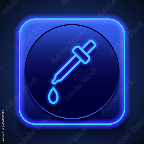 Dropper and water drop simple icon vector. Flat design. Blue neon style on button. With shadow