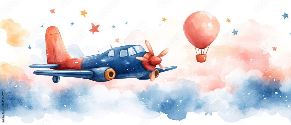 Watercolor Illustration of a Airplane and Hot Air Balloon Flying in the Clouds Watercolor Illustration of a Airplane and Hot Air Balloon Flying in the Clouds