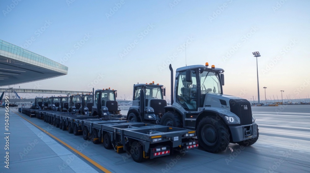 Tow tractor pulling luggage carts at airport apron Tow tractor pulling luggage carts at airport apron