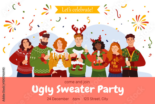 Winter party invitation card with happy people in different festive ugly sweater Vector holidays templates with joyful fun character. Cute design with garish Christmas sweater for print, flyer, banner