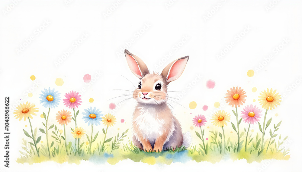Fototapeta premium Cute brown bunny sitting happily among colorful flowers in a vibrant meadow setting