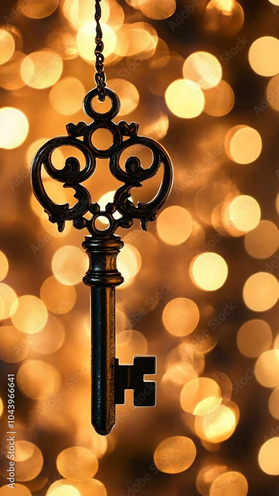 Ornate antique key with golden bokeh lights Ornate antique key with golden bokeh lights