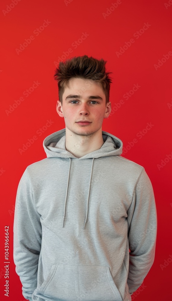 Obraz premium Casual Young Man in Light Grey Hoodie Against Vivid Red Background for Lifestyle Design