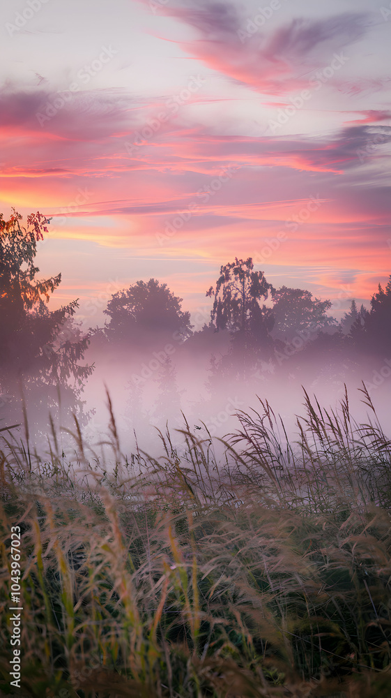 Obraz premium Ethereal dawn or dusk landscape with colorful skies and gentle grasses Vertical Mobile Wallpaper