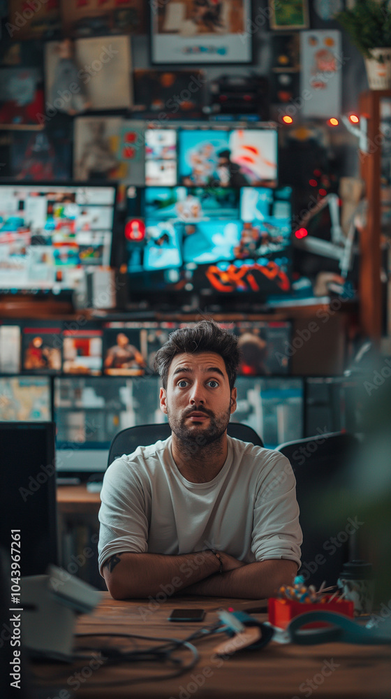 Young bearded man at desk with multiple monitors and gaming setup. Young bearded man at desk with multiple monitors and gaming setup.