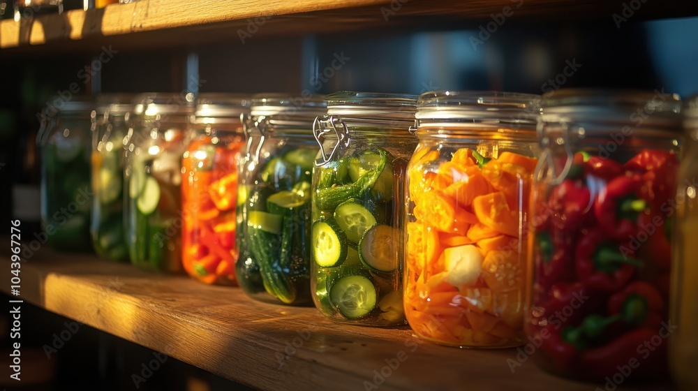 A vibrant display of pickled vegetables in glass jars, the colors of cucumbers, carrots, and peppers glowing through the glass. A vibrant display of pickled vegetables in glass jars, the colors of cucumbers, carrots, and peppers glowing through the glass.