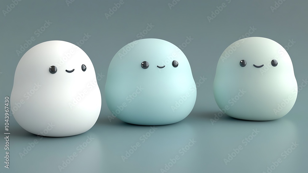 Three Cute 3D Characters with Smiling Faces on a Grey Background. Three Cute 3D Characters with Smiling Faces on a Grey Background.