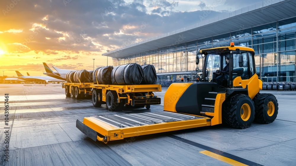 Tow tractor pulling luggage carts at airport apron Tow tractor pulling luggage carts at airport apron