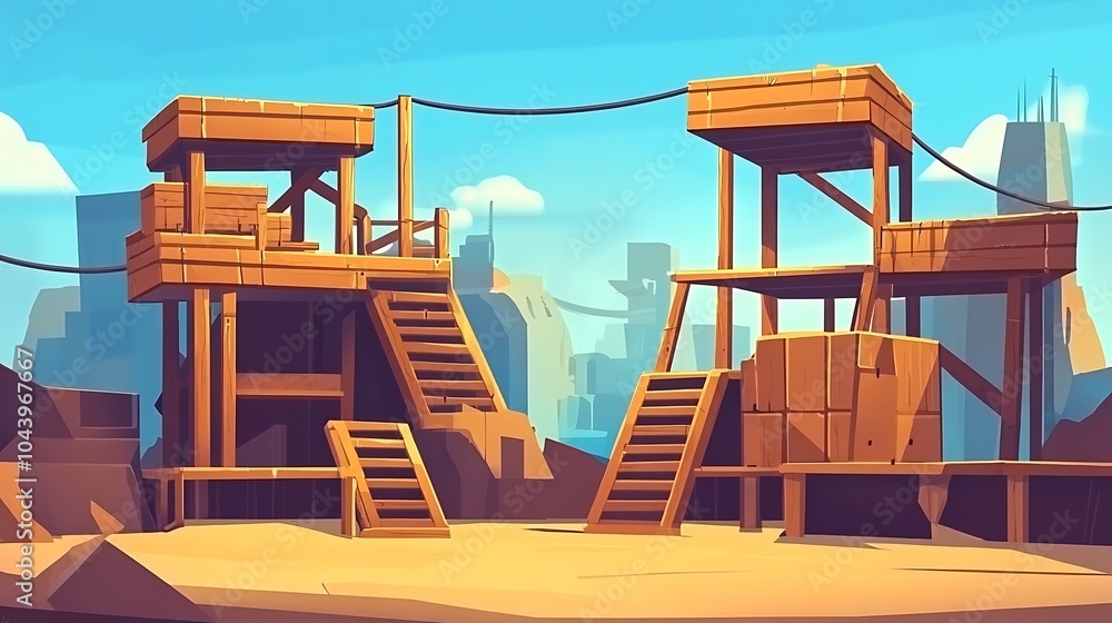 Cartoon Wooden Platforms with Ladders in a Desert Landscape. Cartoon Wooden Platforms with Ladders in a Desert Landscape.
