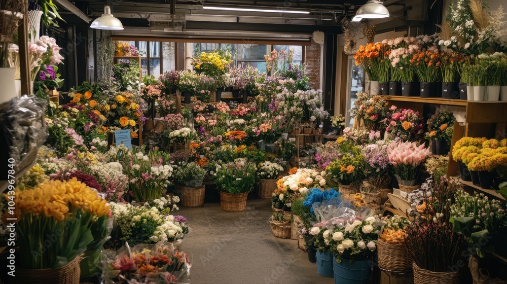 Fototapeta premium A wide shot of a busy florist shop, filled with fresh flowers, baskets, and floral arrangements in various stages of completion.