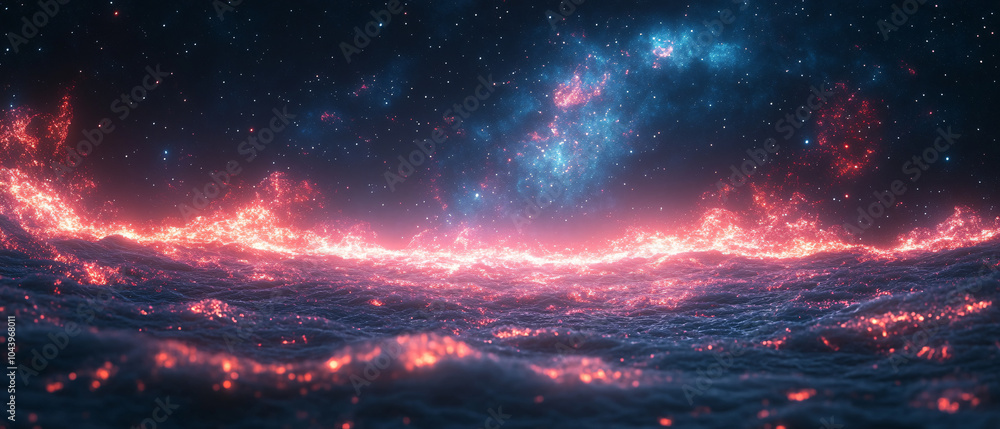 Fototapeta premium Abstract Cosmic Landscape with Glowing Red and Blue Nebula