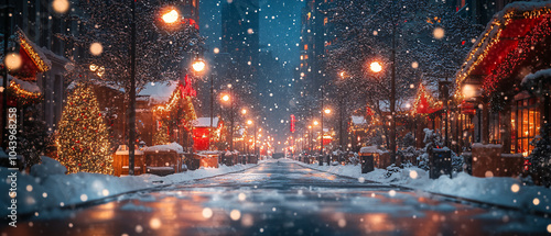 Snowy Christmas Street Scene with Lights and Decorations