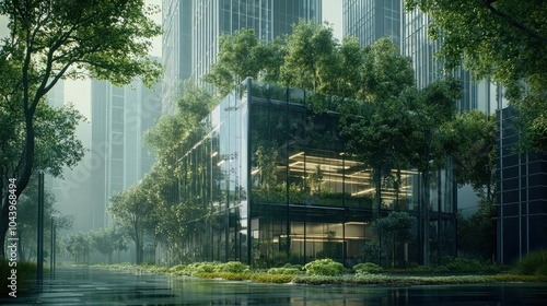 Ecofriendly building in the modern city Sustainable glass office building with trees for reducing heat and carbon dioxide Office building with green environment Corporate building redu : Generative A photo