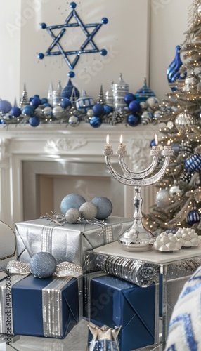 Elegant Hanukkah Living Room with Gifts and Lit Menorah for Modern Holiday Decor photo