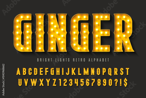 Retro circus alphabet design, cabaret, fairy LED lamps letters and numbers.