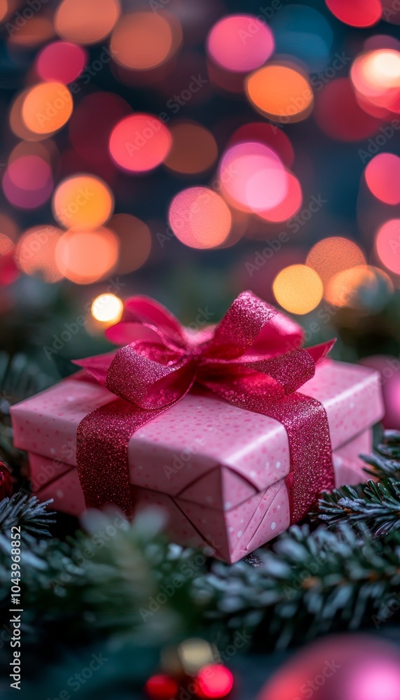 Pink Christmas Gift Wrapped in Elegant Ribbon with a Sparkly Bokeh Lights Background. Pink Christmas Gift Wrapped in Elegant Ribbon with a Sparkly Bokeh Lights Background.